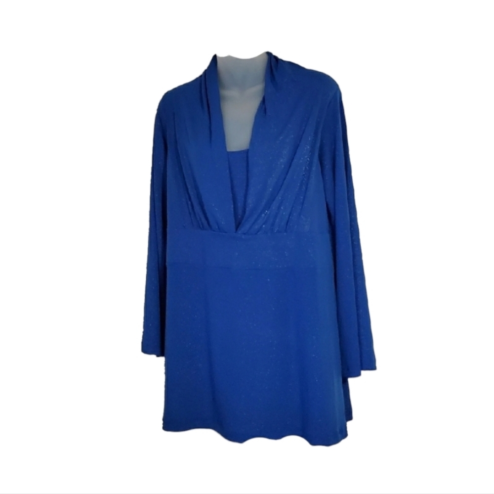 STUDIO 1940 Womens Bright Blue Blouse With Silver Glitter Fabric Plus 14 16 Wide